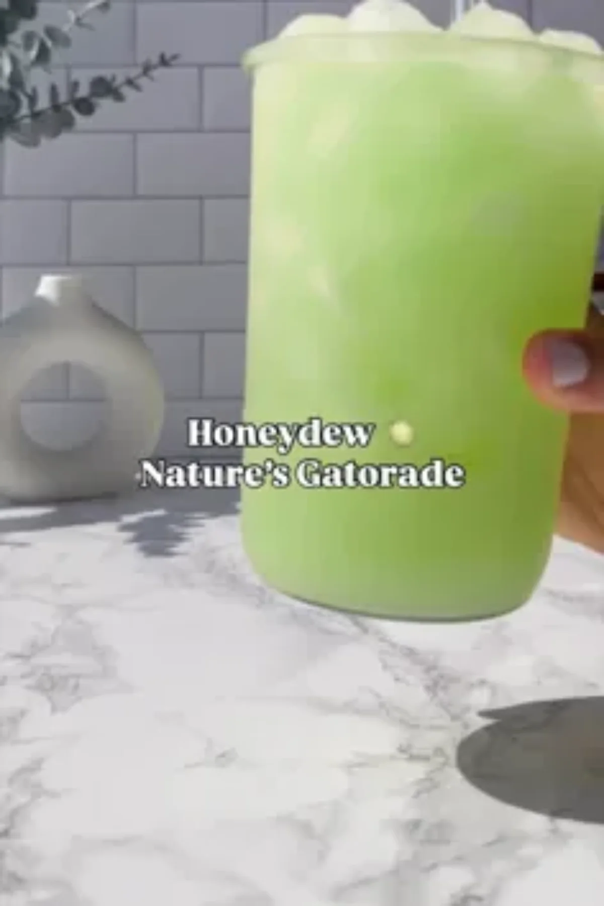 A tall glass of pale green honeydew drink with a slice of honeydew on the rim, next to fresh mint leaves.
