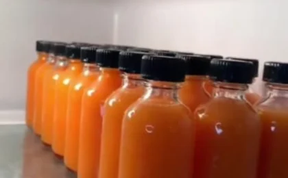 A colorful glass of fresh juice shot surrounded by whole fruits and vegetables on a kitchen counter.
