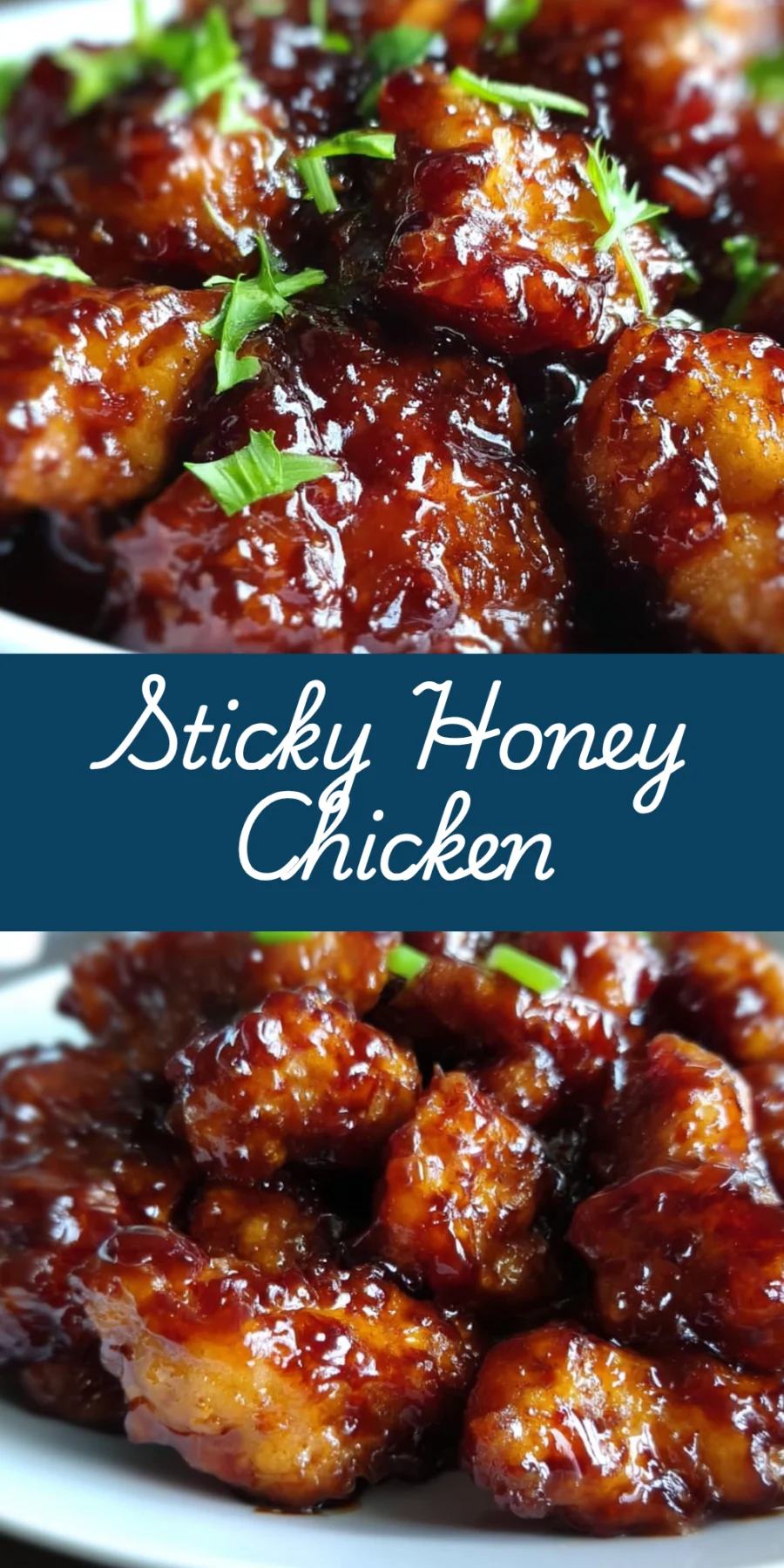 Plate of sticky honey glazed chicken bites with chopped green herbs on a white plate