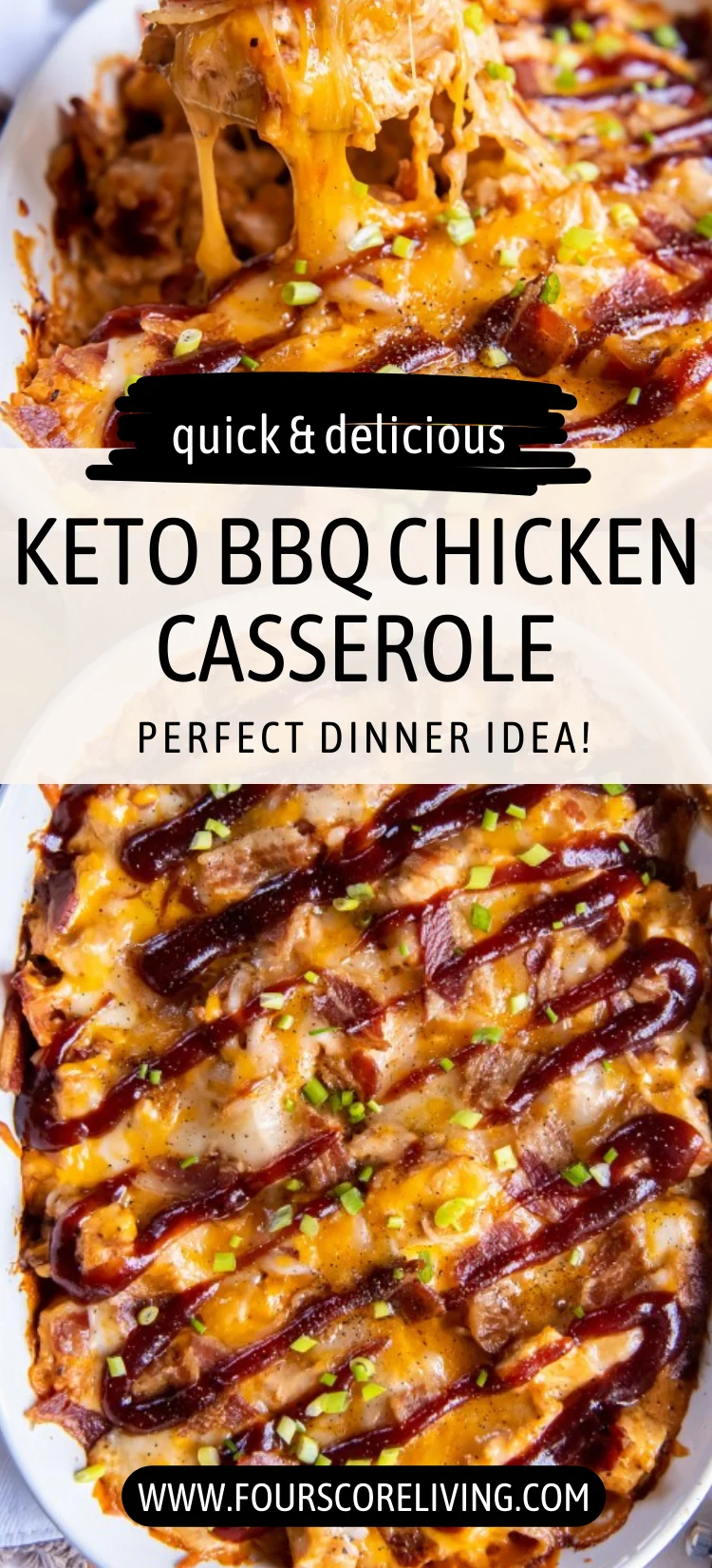Top view of keto BBQ chicken casserole on a spatula showing melted cheese and chicken, with a second dish below garnished.