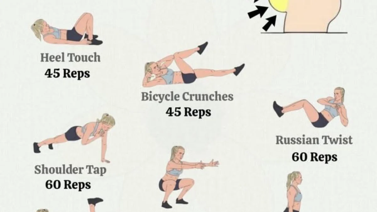 Illustrated 7-day belly removal challenge with woman performing exercises like heel touch, bicycle crunch, and forearm plank.