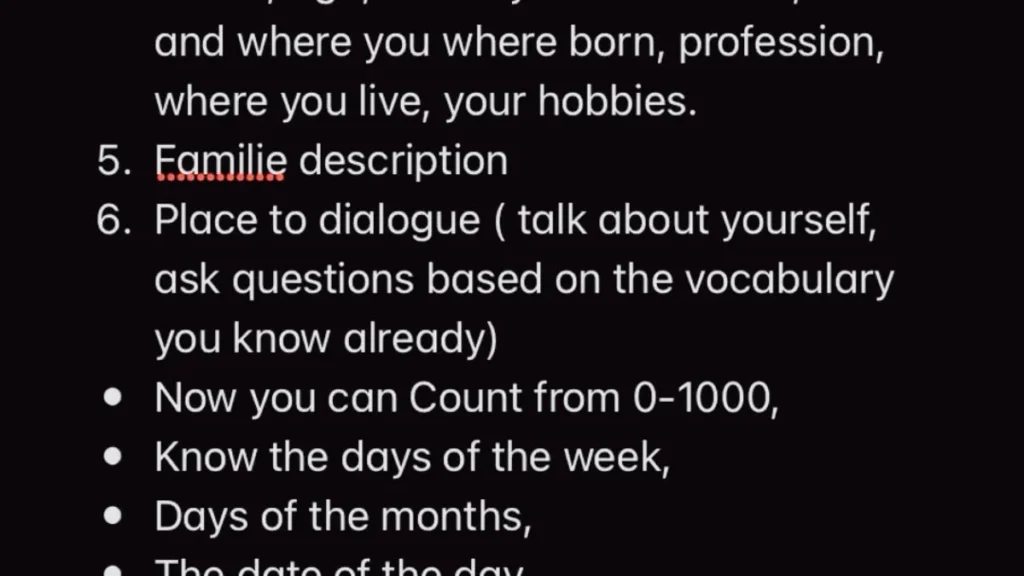 Handwritten note titled Chronology I used to learn any new language with ten numbered learning stages