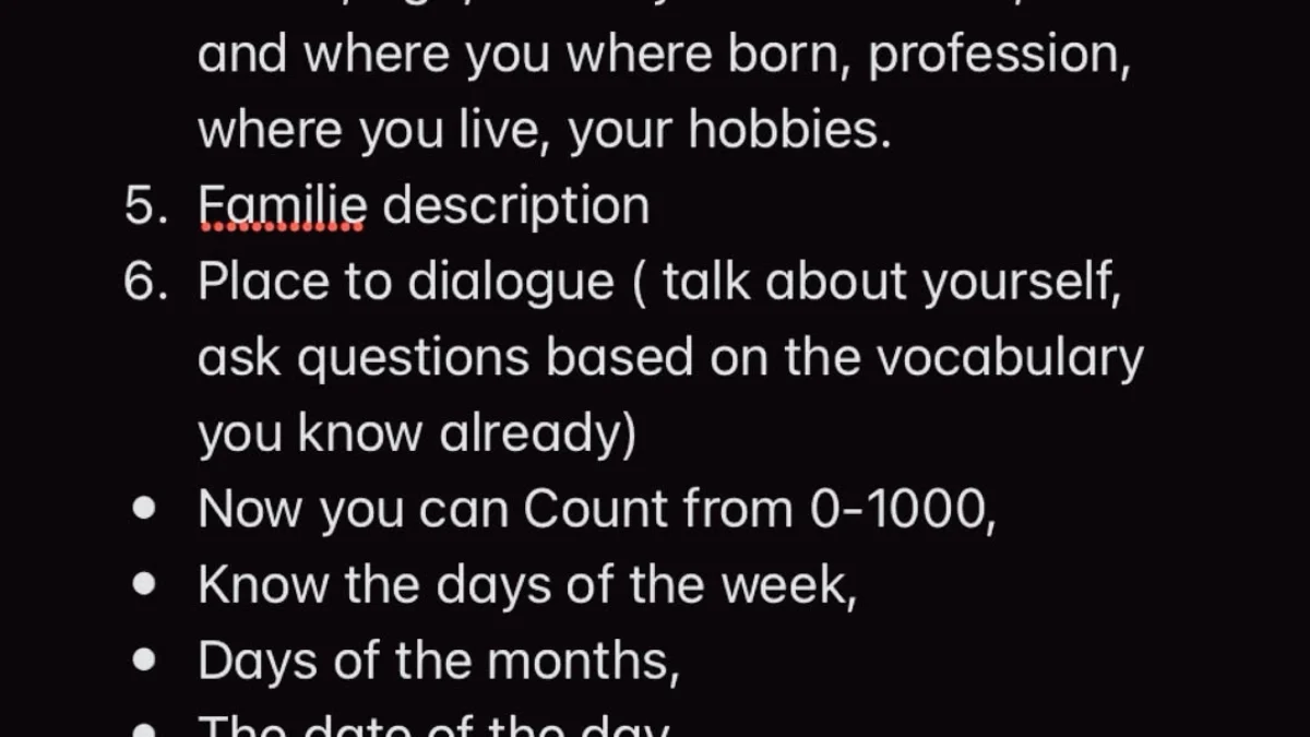 Handwritten note titled Chronology I used to learn any new language with ten numbered learning stages