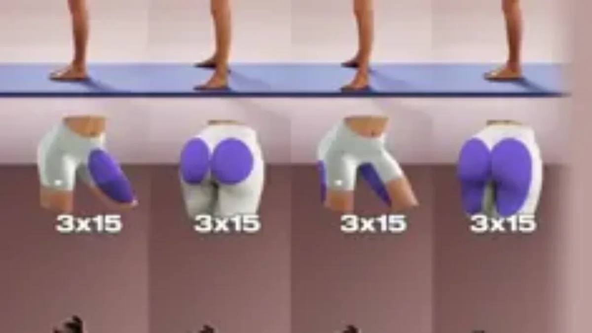 Woman demonstrating dumbbell squat form in four frames with 3x15 text overlay on a blue yoga mat