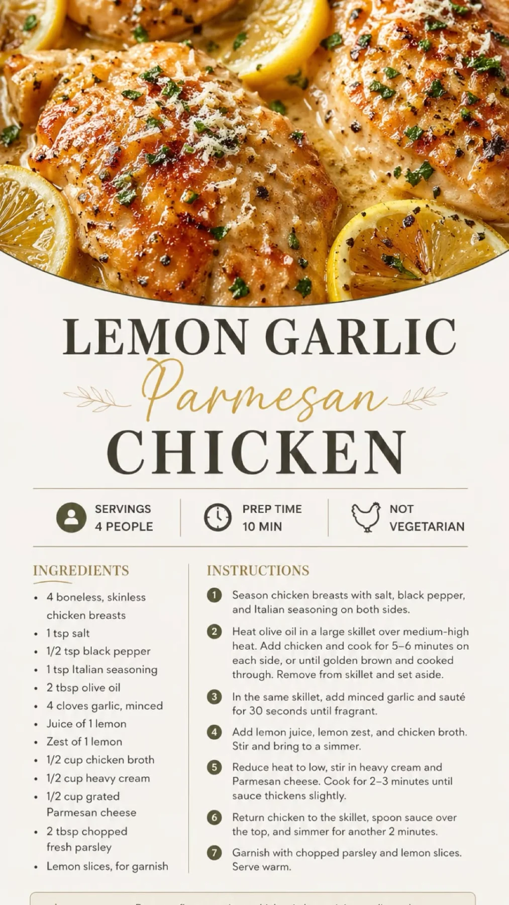 Close-up of lemon garlic Parmesan chicken with creamy sauce, lemon slices, and parsley on a serving dish