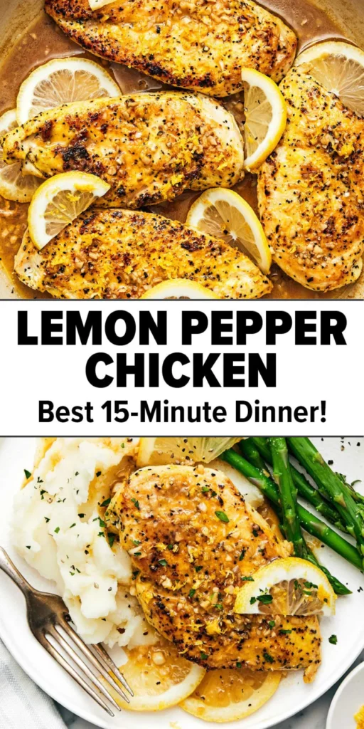 Two images showing lemon pepper chicken breasts in a pan with lemon wedges and plated with mashed potatoes and asparagus.