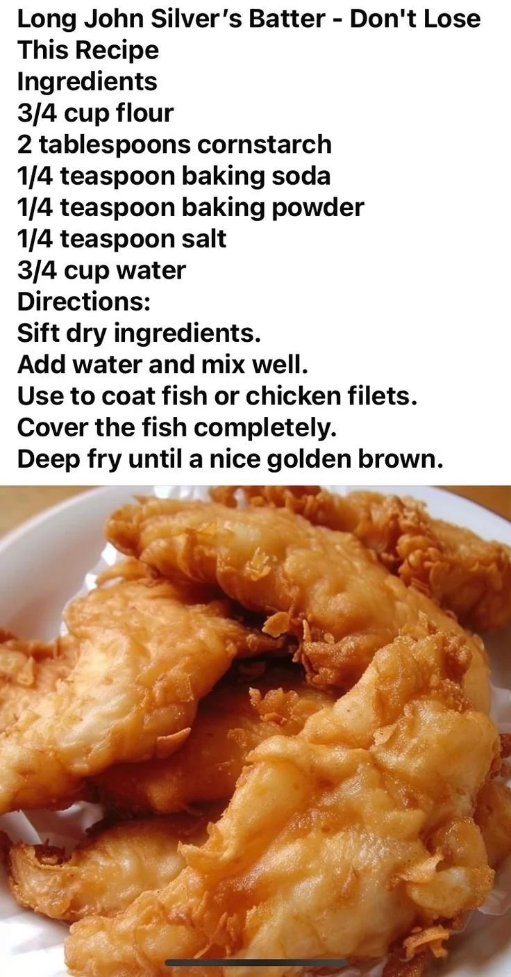 A written recipe card for Long John Silver's batter next to golden-brown deep-fried fish fillets.