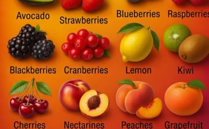 A vibrant display of low-sugar fruits including berries, citrus, and apples.