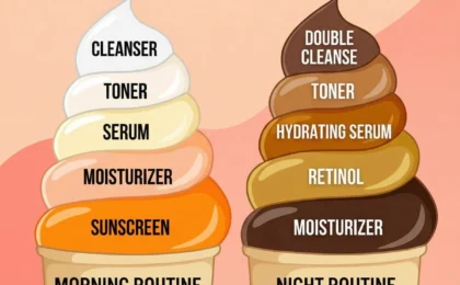 A flat lay of skincare products on a light surface showing morning and night essentials arranged in order.
