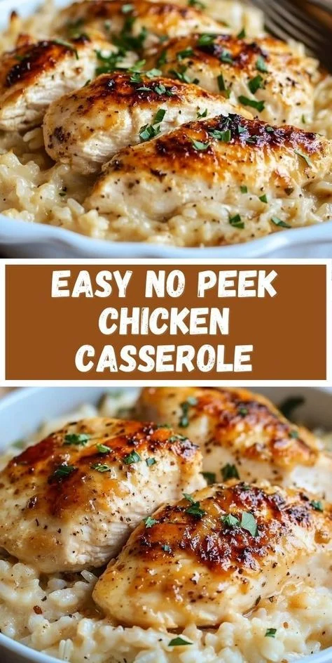 White casserole dish with golden chicken pieces nestled in creamy rice mixture, topped with fresh chopped parsley