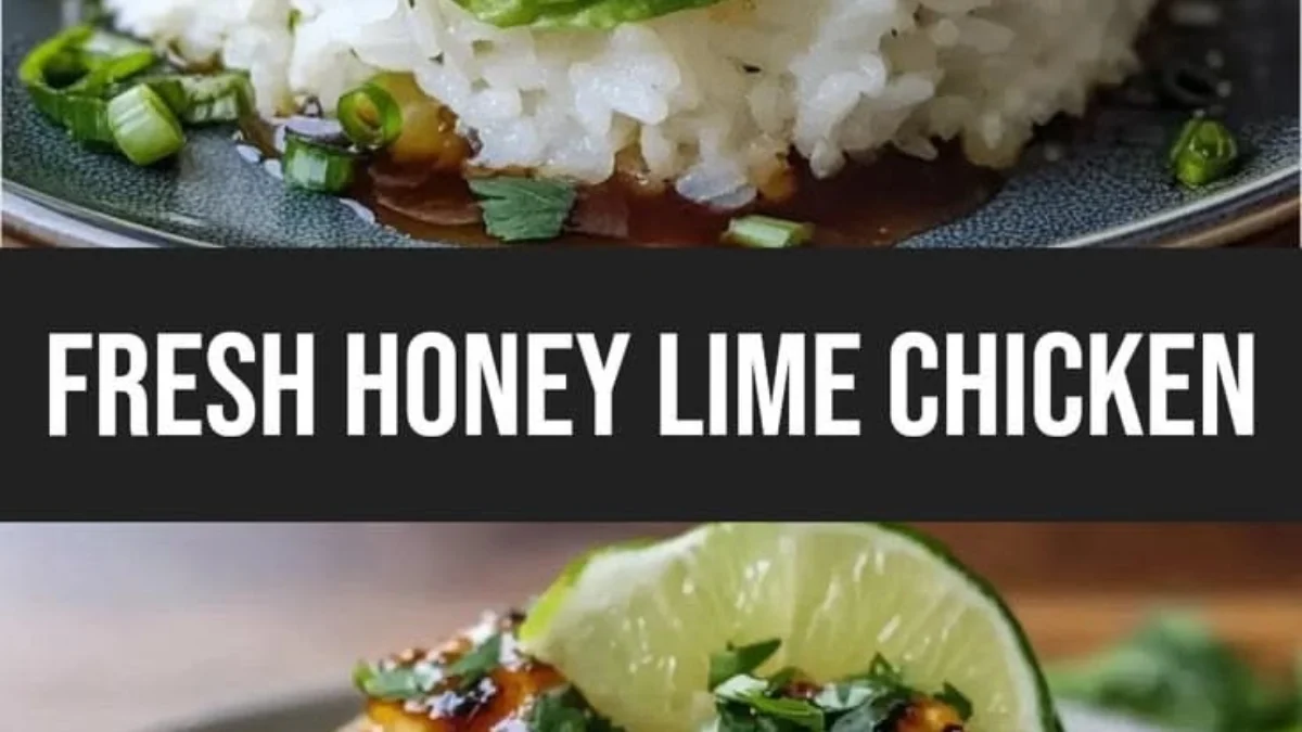 Stacked honey lime chicken with sliced avocado on rice, topped with lime wedge and cilantro