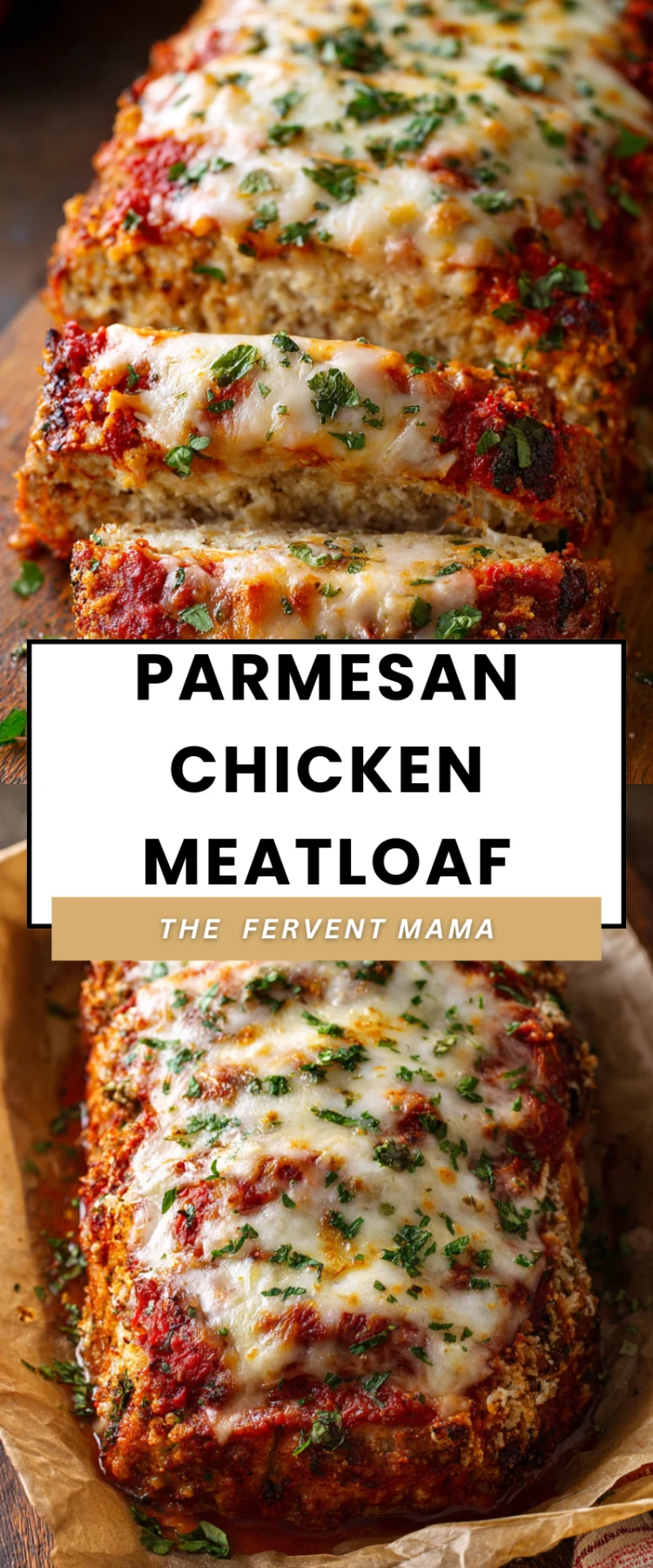 Sliced Parmesan chicken meatloaf with melted mozzarella and parsley on parchment paper.