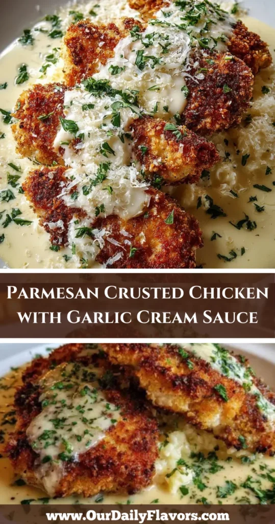 Parmesan crusted chicken pieces in a white bowl with garlic cream sauce, grated Parmesan, and fresh parsley.