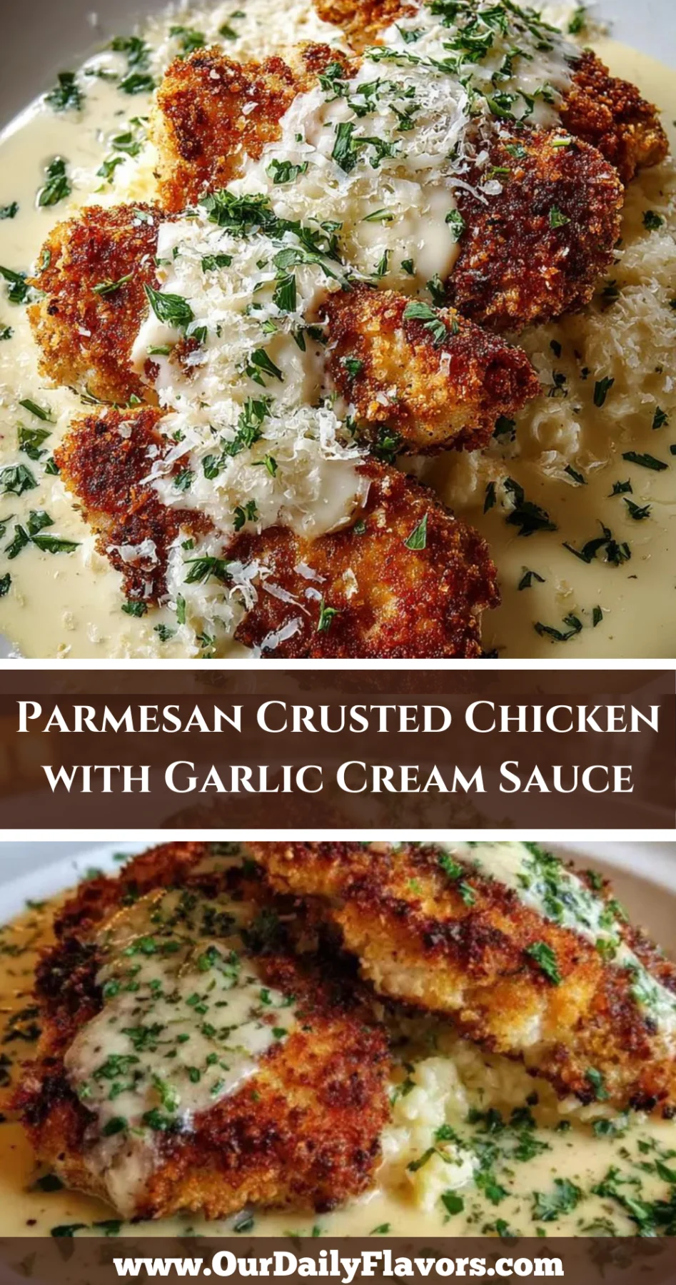 Parmesan crusted chicken pieces in a white bowl with garlic cream sauce, grated Parmesan, and fresh parsley.