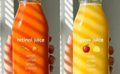 Colorful glasses of fresh carrot, citrus, and beet juices with vibrant garnishes on a bright kitchen surface.
