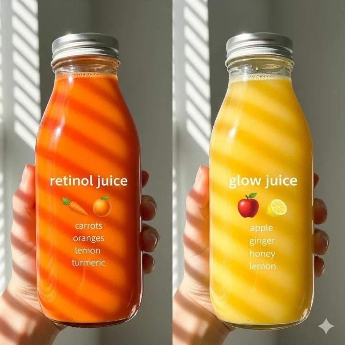 Colorful glasses of fresh carrot, citrus, and beet juices with vibrant garnishes on a bright kitchen surface.