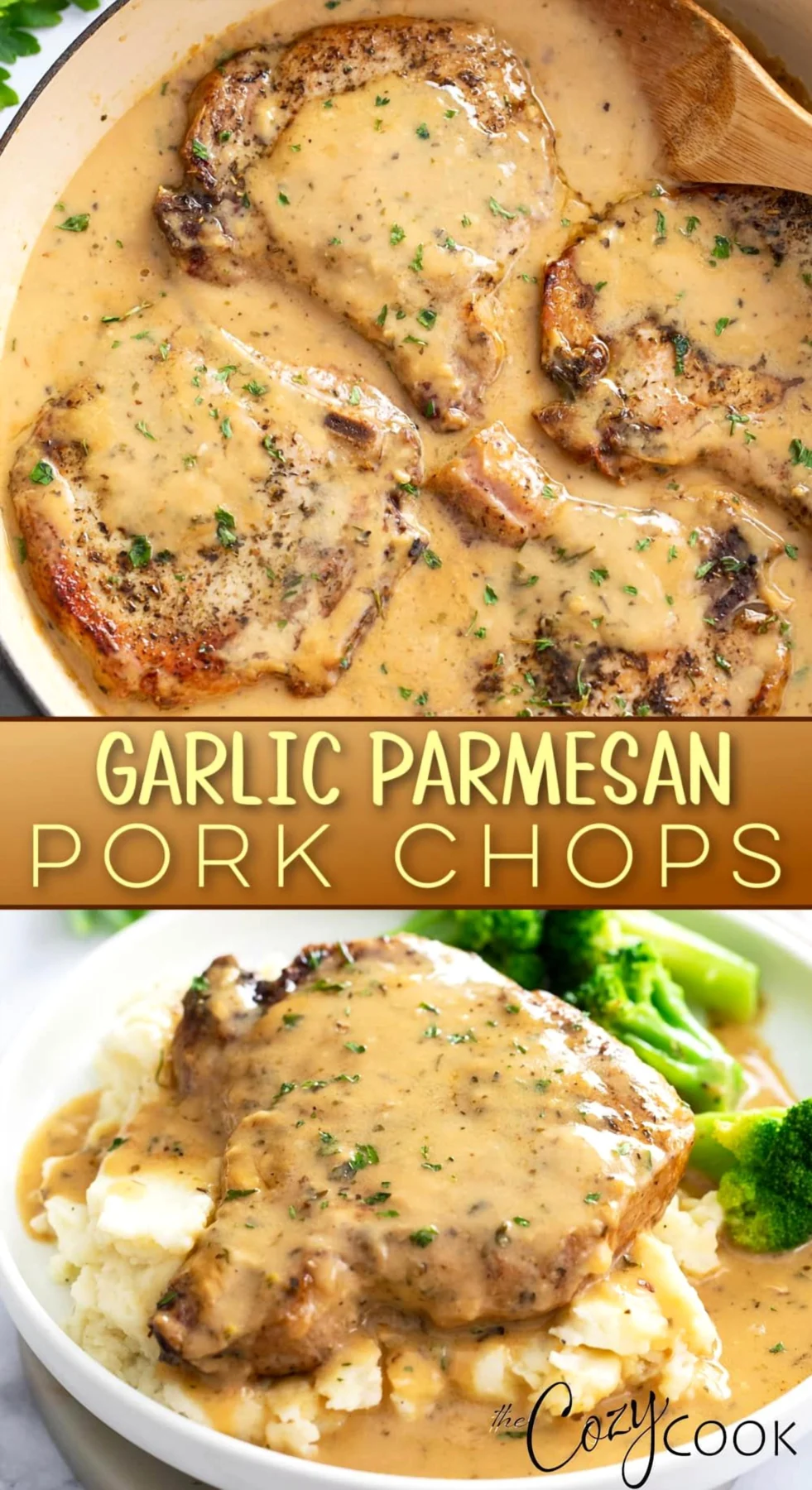 Golden-brown garlic parmesan crusted pork chops in a skillet and plated with mashed potatoes, broccoli, and creamy sauce.