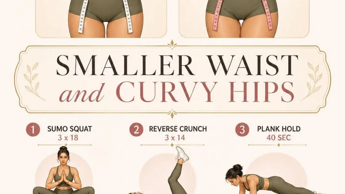 Illustrated workout routine for a smaller waist and curvy hips, showing six exercises with sets and reps