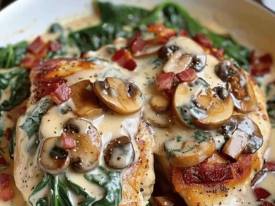 Smothered chicken with creamy spinach bacon