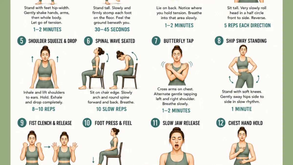 Printable PDF showing 16 illustrated gentle somatic exercises for relaxation and tension release