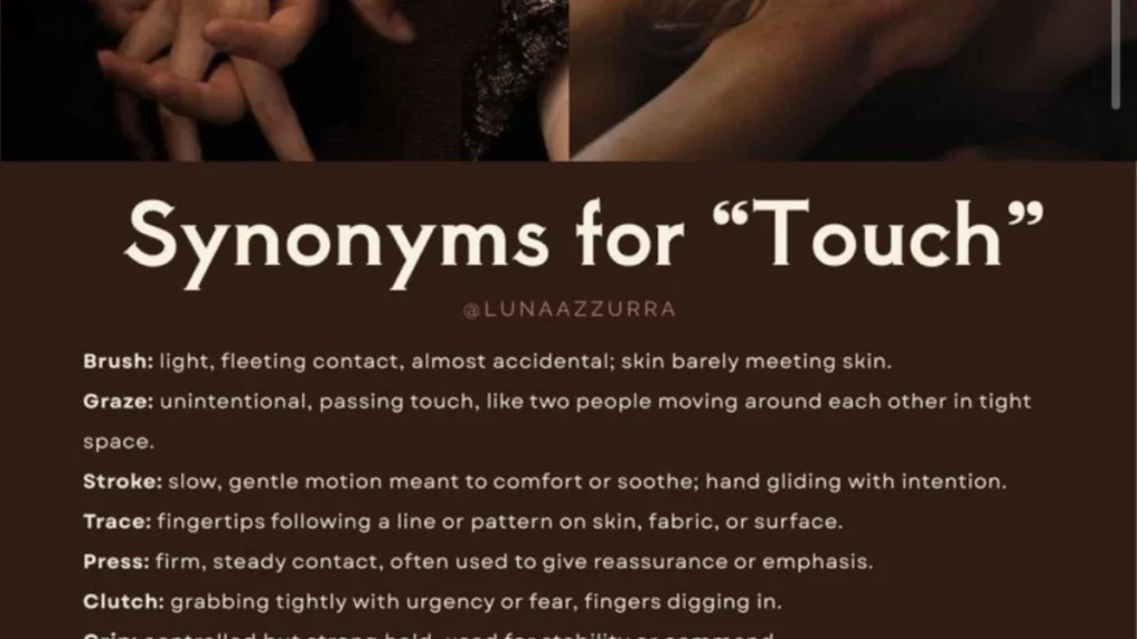 Infographic titled Synonyms for Touch with photos of hands holding and touching neck, and a numbered list of tactile action.