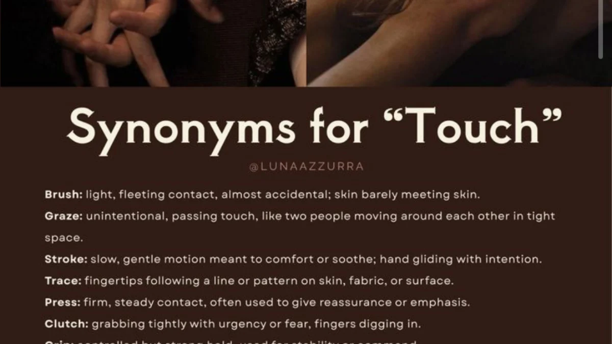 Infographic titled Synonyms for Touch with photos of hands holding and touching neck, and a numbered list of tactile action.