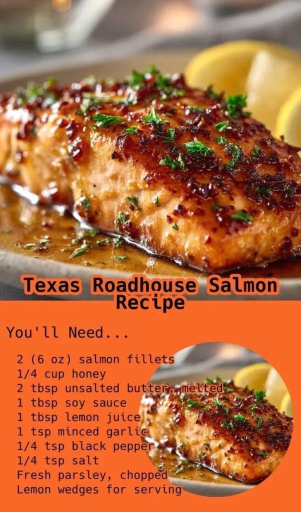 Golden-brown glazed salmon fillet with honey garlic butter sauce, garnished with parsley and lemon wedges on a white plate.
