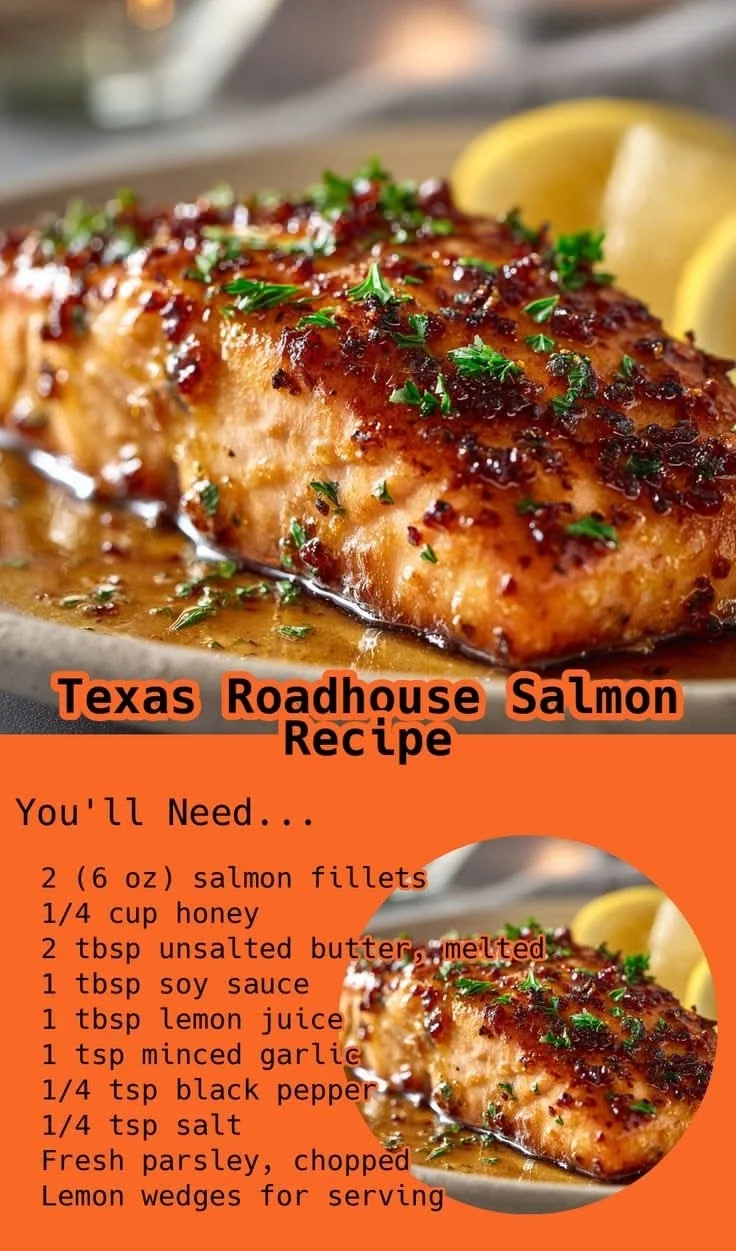 Golden-brown glazed salmon fillet with honey garlic butter sauce, garnished with parsley and lemon wedges on a white plate.