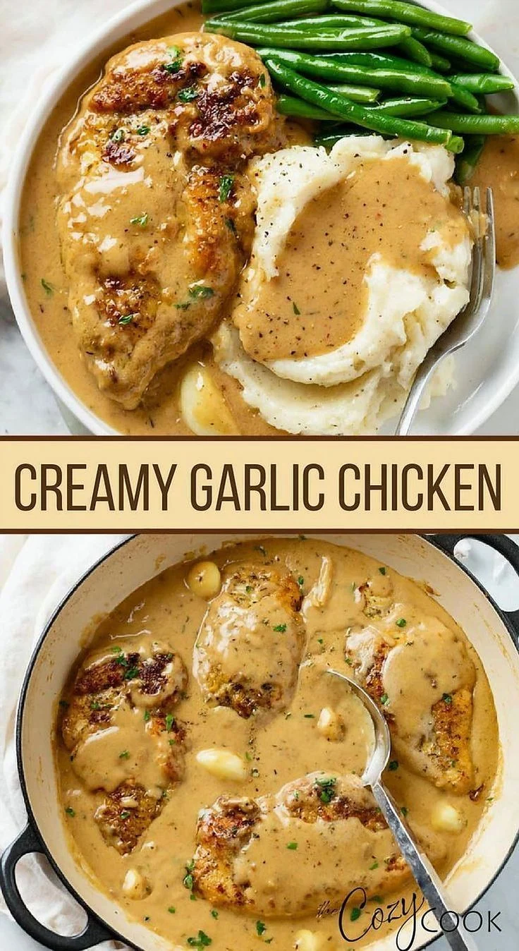 Two photos of creamy garlic chicken in a cast iron pot and on a plate with mashed potatoes and green beans.