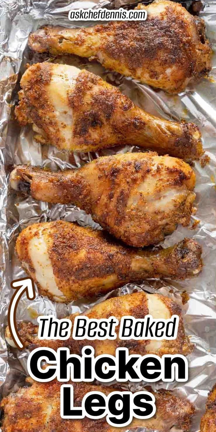 Crispy baked chicken legs with herb and paprika spice rub on crumpled aluminum foil