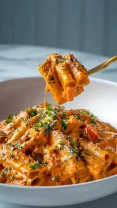 A fork lifts creamy tomato garlic macaroni pasta with visible pieces of tomato and garlic, garnished with fresh green parsley.