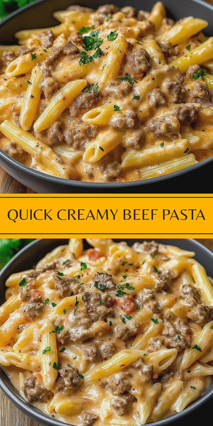 Two bowls of creamy rigatoni pasta with ground beef, mozzarella, and parsley garnish