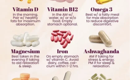 A tidy row of vitamin bottles and a glass of water on a kitchen counter in soft morning light.