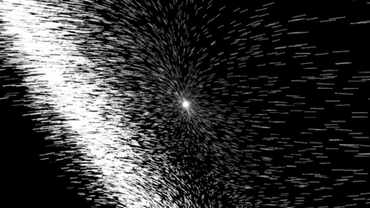 Brilliant white light burst radiating dynamic streaks from a central point against a deep black background.