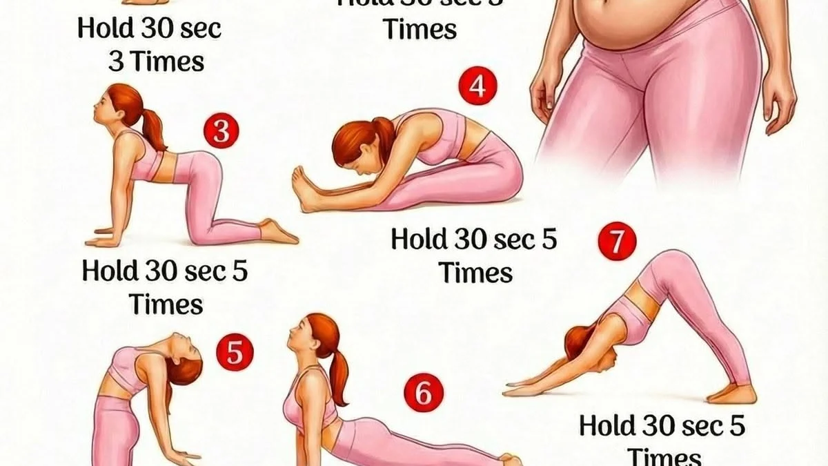 Illustrated guide showing seven numbered yoga poses with hold durations for slimming fitness routine