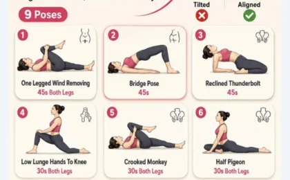 Woman practicing a hip-flexor stretching yoga pose to help correct anterior pelvic tilt alignment.