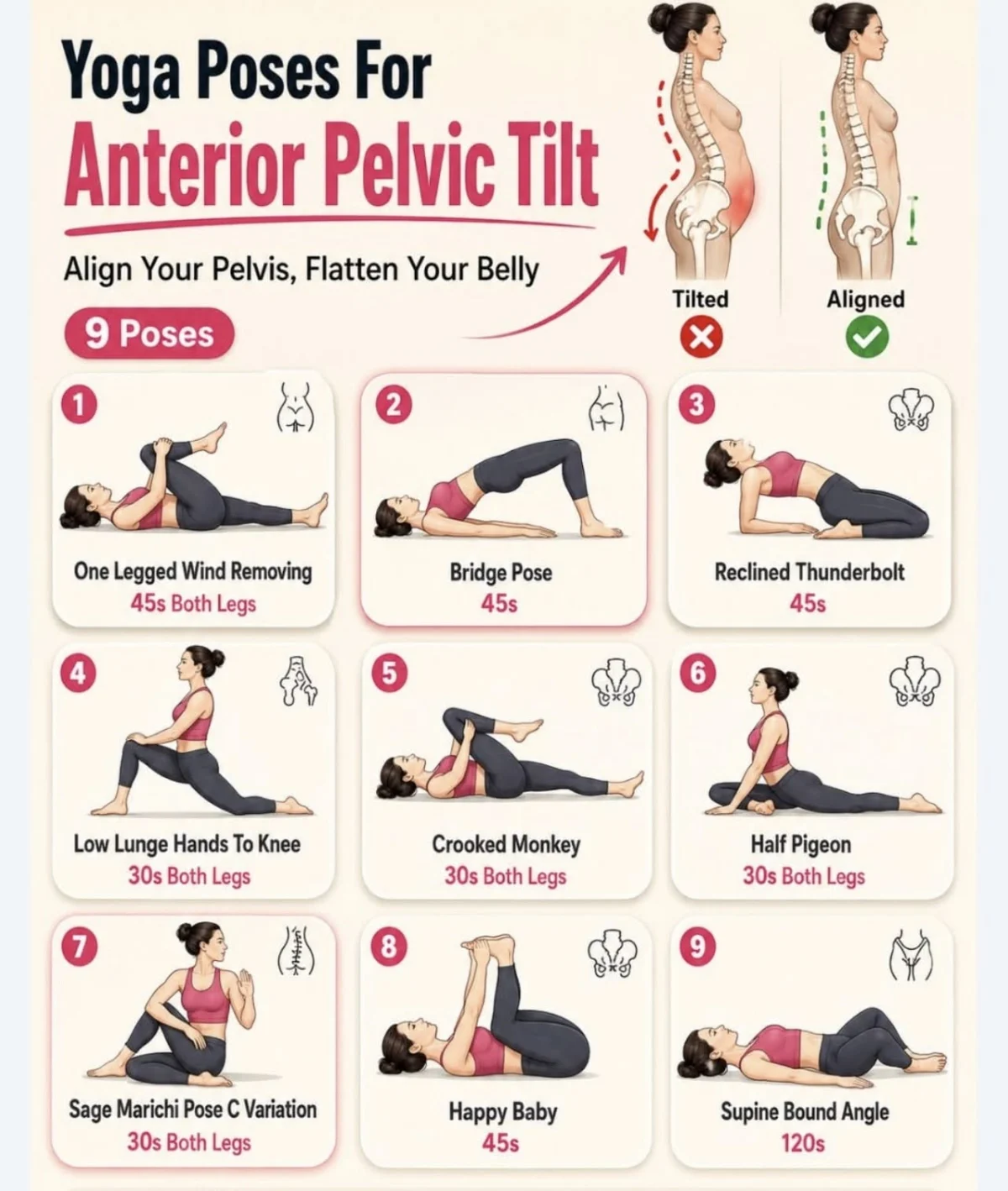 Woman practicing a hip-flexor stretching yoga pose to help correct anterior pelvic tilt alignment.