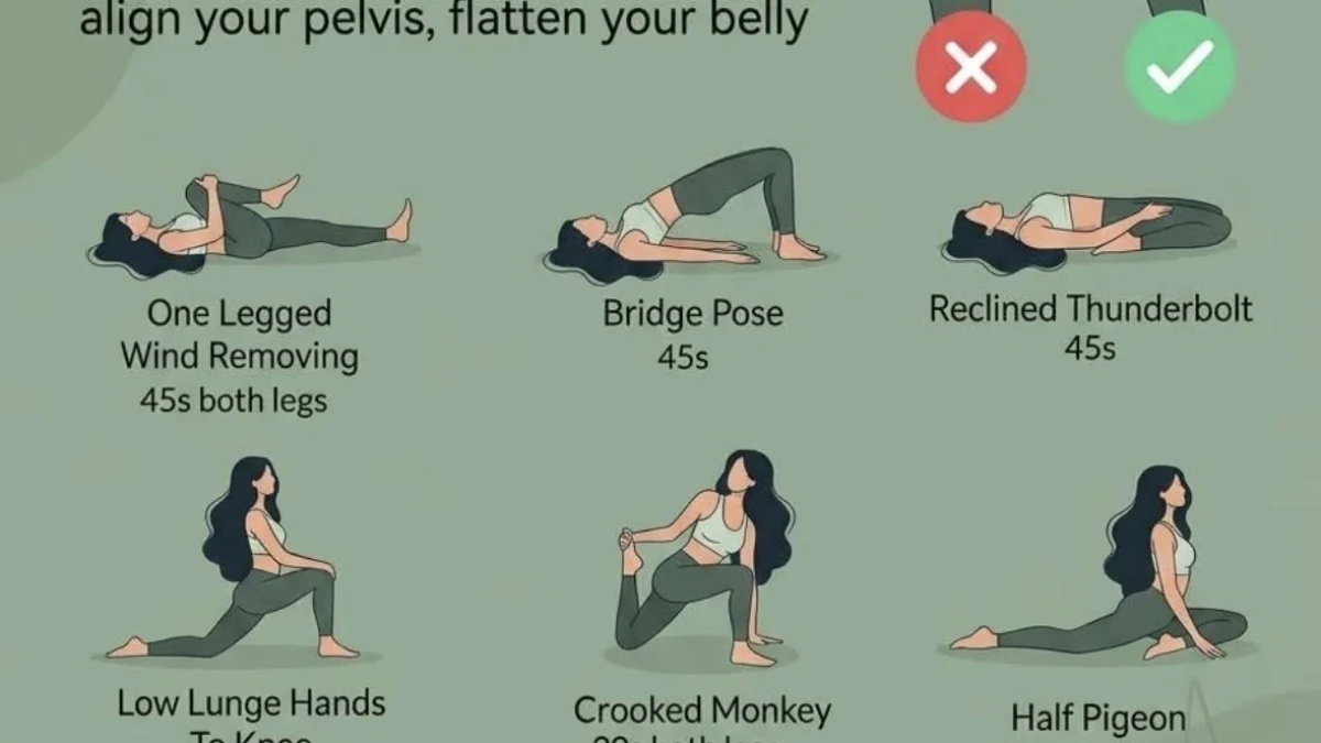 Woman performing yoga poses for anterior pelvic tilt correction with correct and incorrect alignment labels