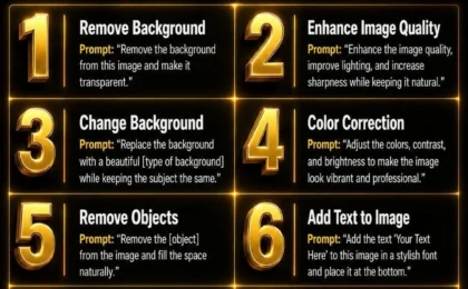 Numbered list of ten image editing directives display bright text over a dark background.