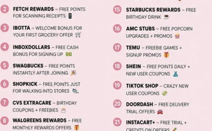 A list of 25 websites and apps offering free items, cash back, and discounts for creating a new account.