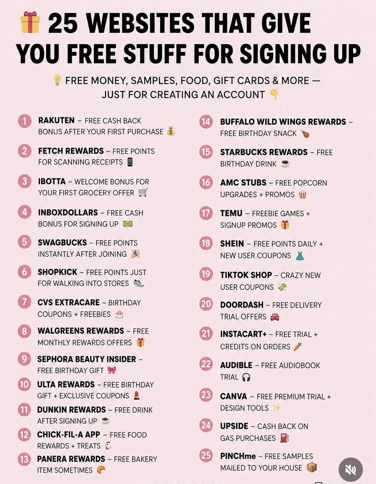 A list of 25 websites and apps offering free items, cash back, and discounts for creating a new account.