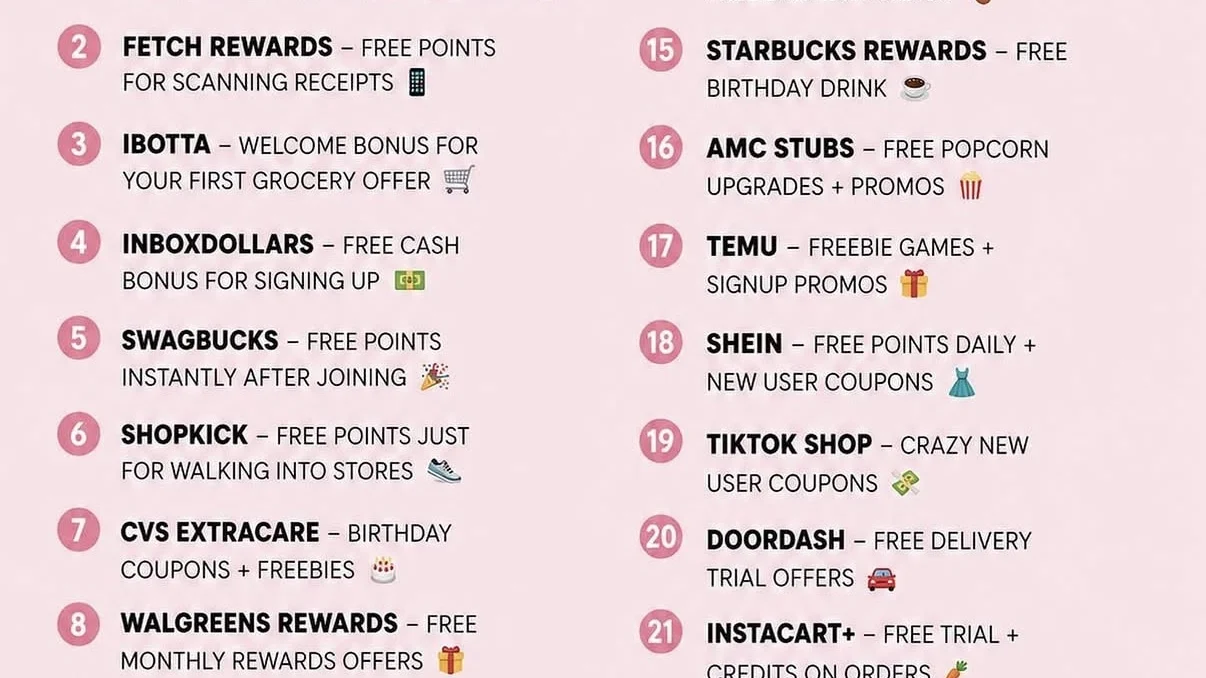 A list of 25 websites and apps offering free items, cash back, and discounts for creating a new account.