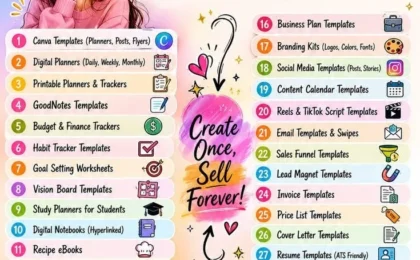 Infographic listing 30 fast selling digital products for new creators with icons and laptop illustration