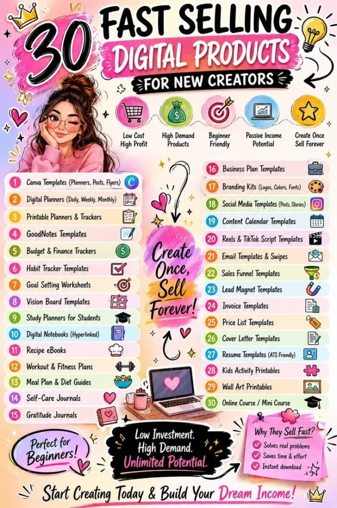 Infographic listing 30 fast selling digital products for new creators with icons and laptop illustration