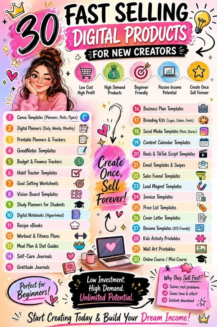 Infographic listing 30 fast selling digital products for new creators with icons and laptop illustration