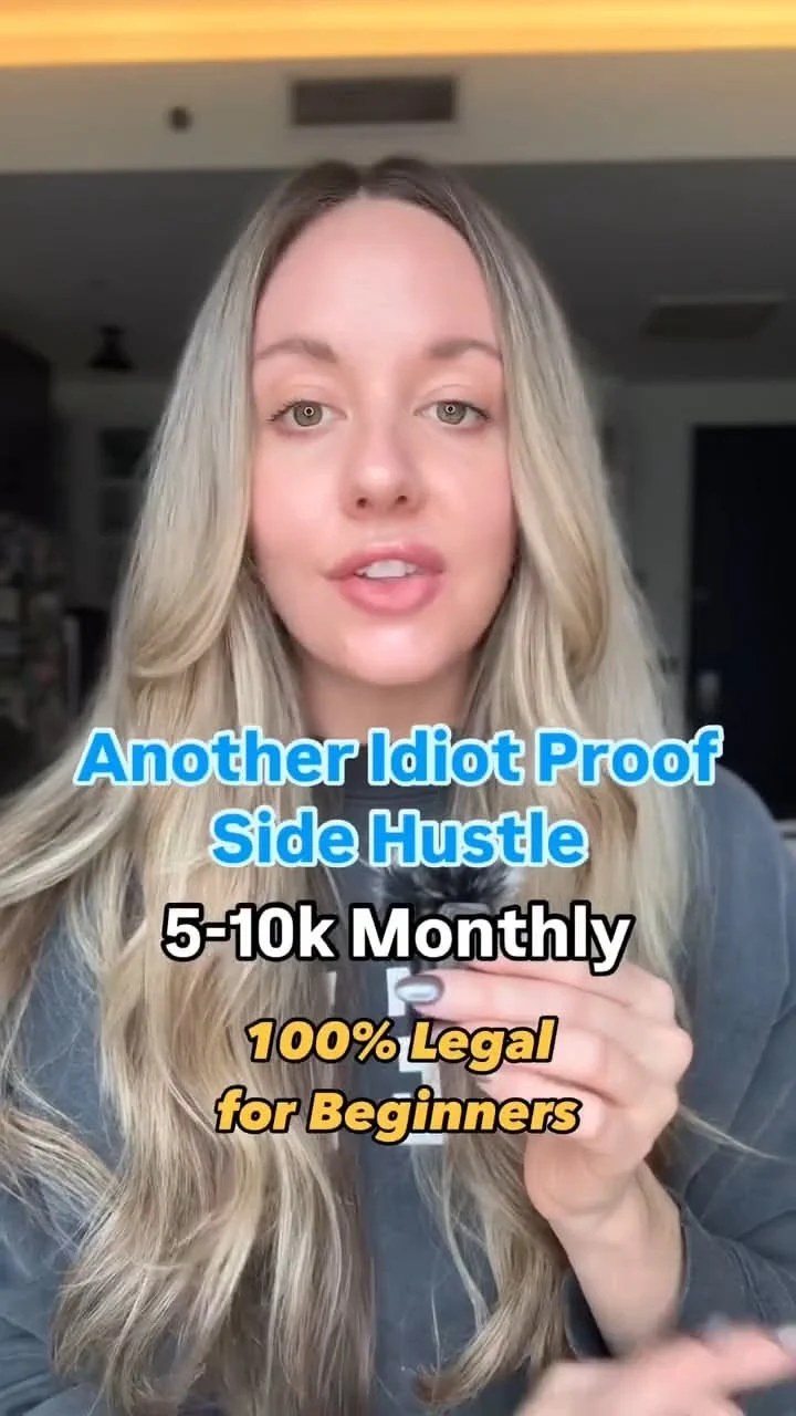 Blonde woman promoting beginner side hustle earnings on laptop.