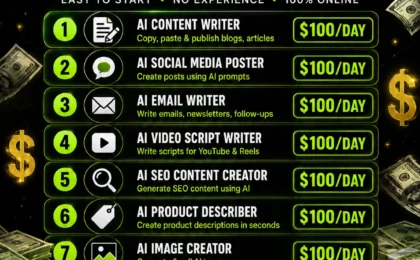 Graphic listing eight digital online freelance jobs with price tags on a dark background