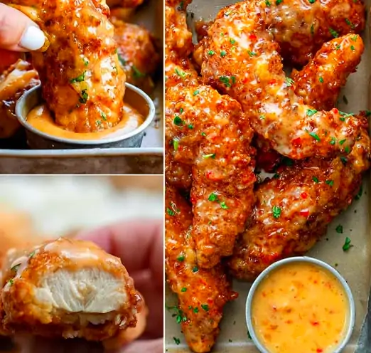 Crispy bang bang chicken tenders on a plate with dipping sauce