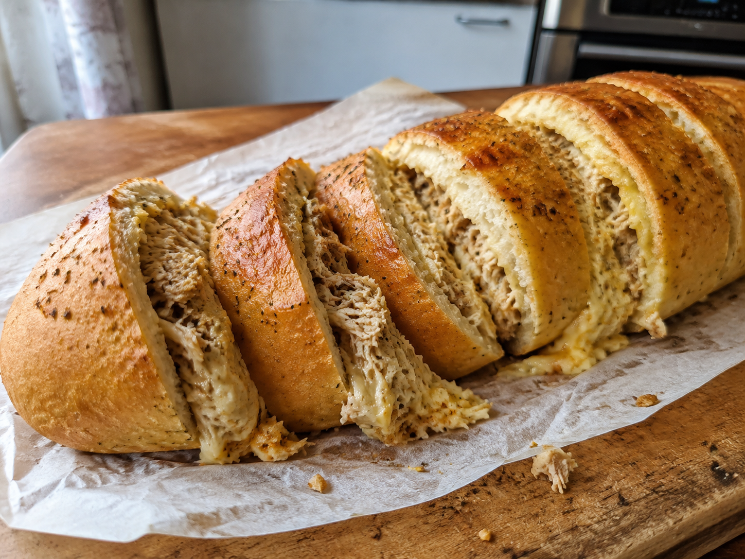 Sliced chicken stuffed French bread with creamy cheese filling