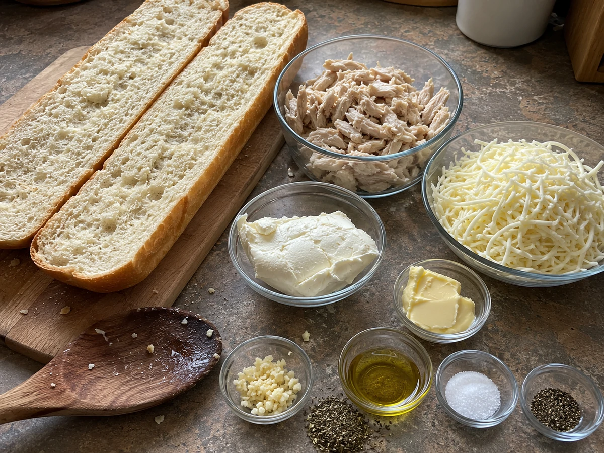 Ingredients for cheesy chicken stuffed bread